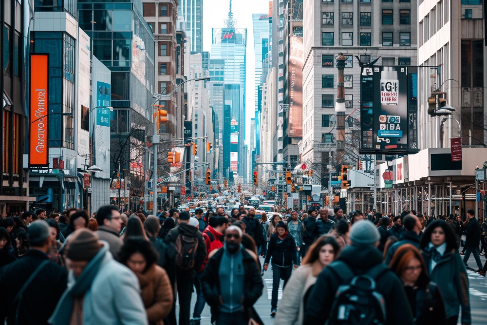 a crowd of people walking on a street